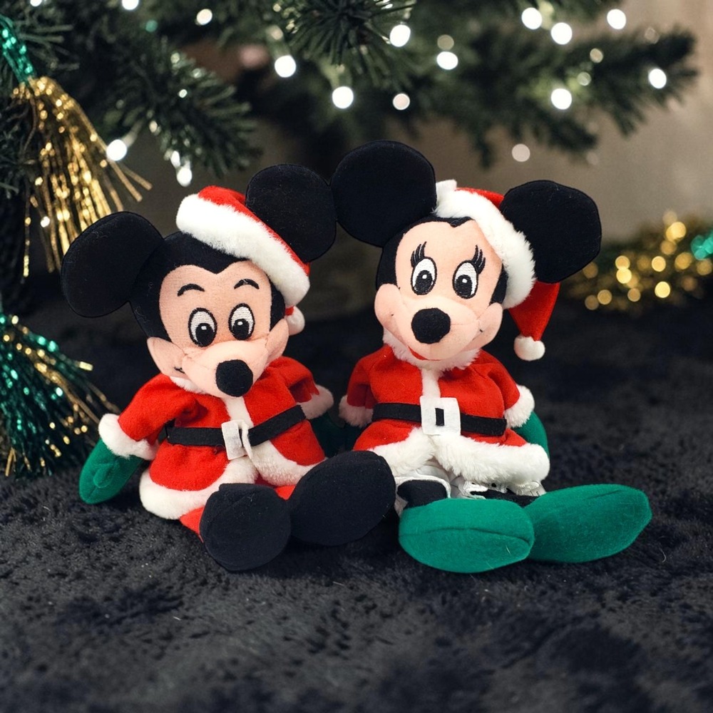 Disney Mickey Minnie Mouse Christmas Santa Bean Bag Plush Set Vintage 8 inch